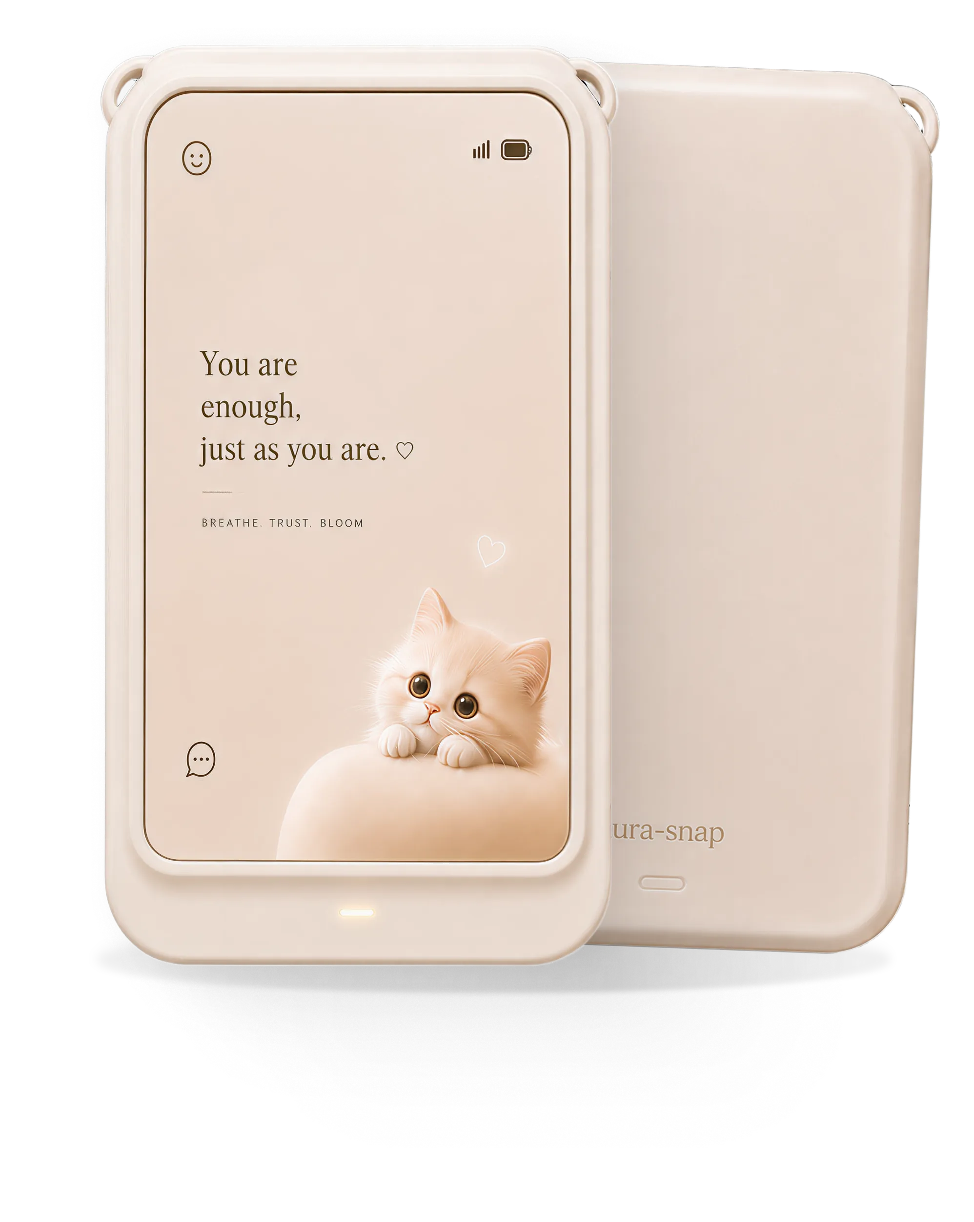 The Aura Snap device displaying the affirmation 'You are enough, just as you are.'